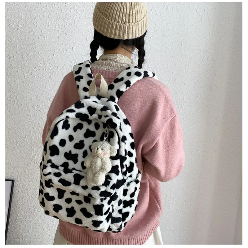 

Winter Fluffy Plush Backpack Nylon School Shoulder Bags for Women Cow Animal Pattern Rucksack Large Capacity Students Bagpack