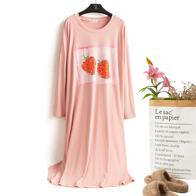 

Spring Autumn Digital Inkjet Longer Modal Nightdress Long Sleeve Fruit Comics Loose Casual Sleepwear Home Service Pyjama Set
