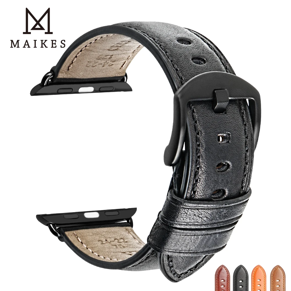 MAIKES Genuine Leather Band For Apple Watch 45mm 44mm 42mm 40mm 38mm Series 7 6 SE 5 4 3 Men & Women iWatch Strap Watchband