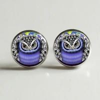 owl stud earring for women glass cabachon bezel brincos perola art pictures dome round silver earrings jewelry