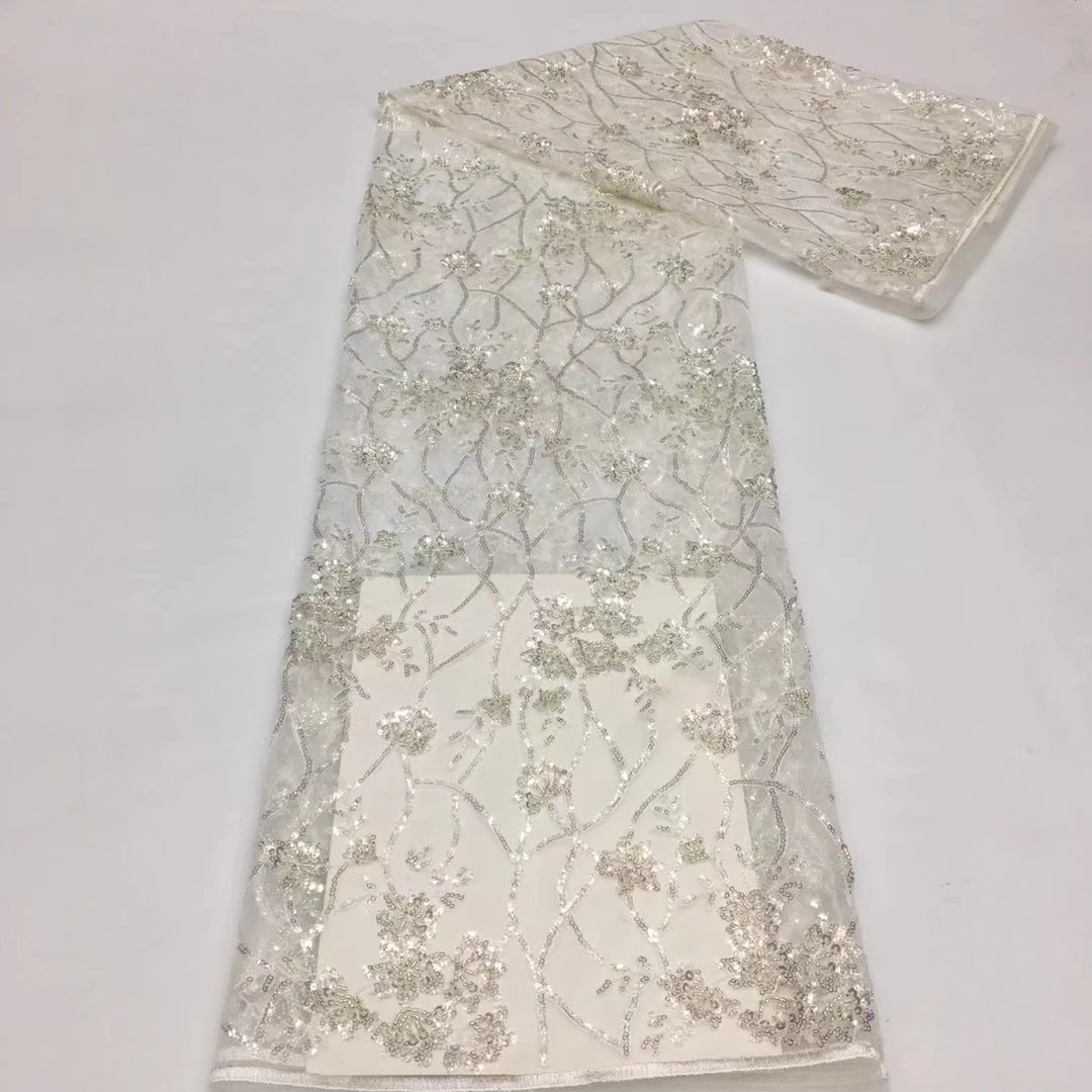 

African Lace Fabric 2021 High Quality Hand-Made Sequin Embroidery Nigerian Wedding Asoebi Dress Sewing Lace Material