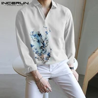 incerun 2021 handsome printing blouse new men korean style camisetas mens ink plum blossom all match long sleeved shirt s 5xl