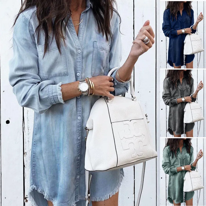 Women Denim Tunic Shirt Top Long sleeve Autumn High Low Blouse | Женская одежда