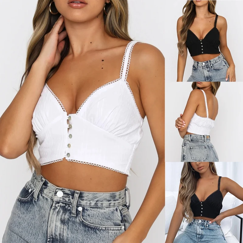 

Hot kf-Women's Fashion Sexy Halter Embroidery Lace Stitching Short Vest Tops