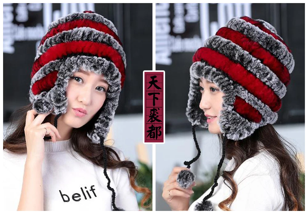 Lady Real Fur Earflap Hats Women Natural Rex Rabbit Fur Beanies Cap Russian Winter Warm Genuine Fur Hat Wholesale
