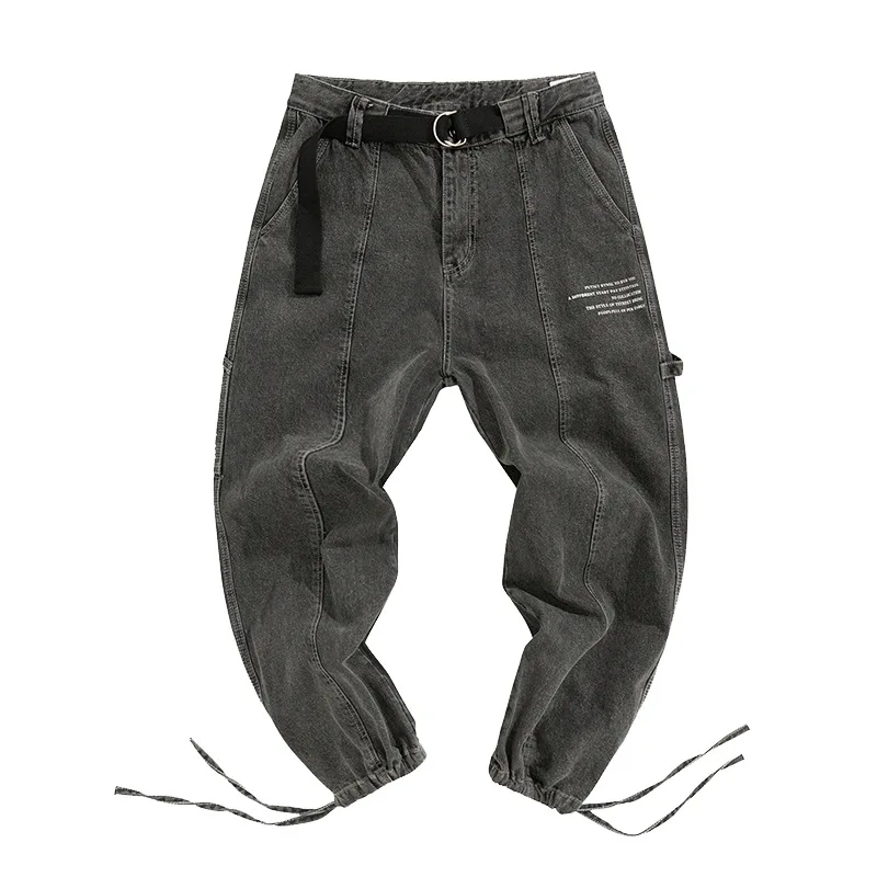 

Autumn Winter Men's Jeans Straight Loose 2021 New Man Drawstring Tie Feet Casual Jeans Mans Streetwear Korean Hip Hop Men Jeans