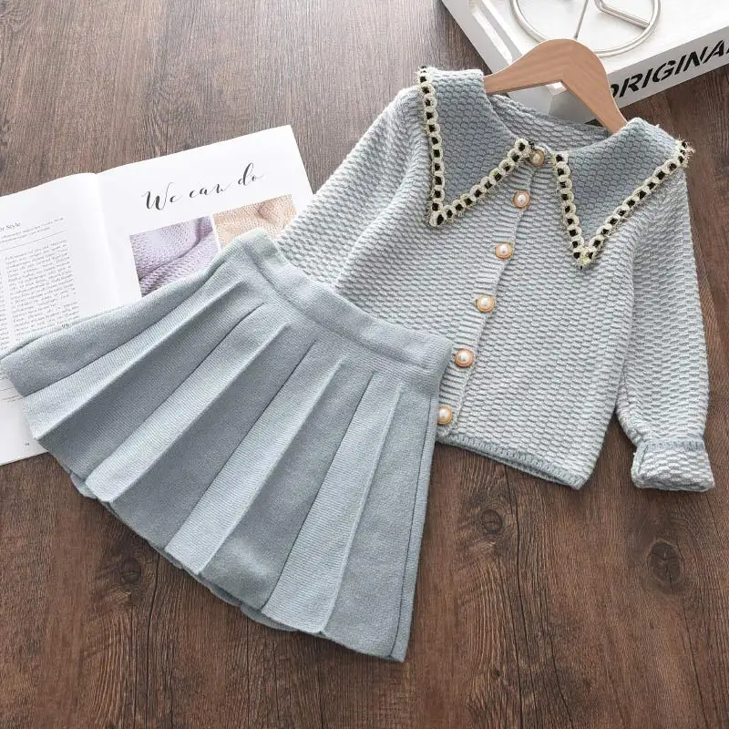 

Baby Kids Princess Party Suits For 2-6 Years New Girls Plaid Sweaters And Skirts Outfits Children Elegant Knitting Clothes Sets