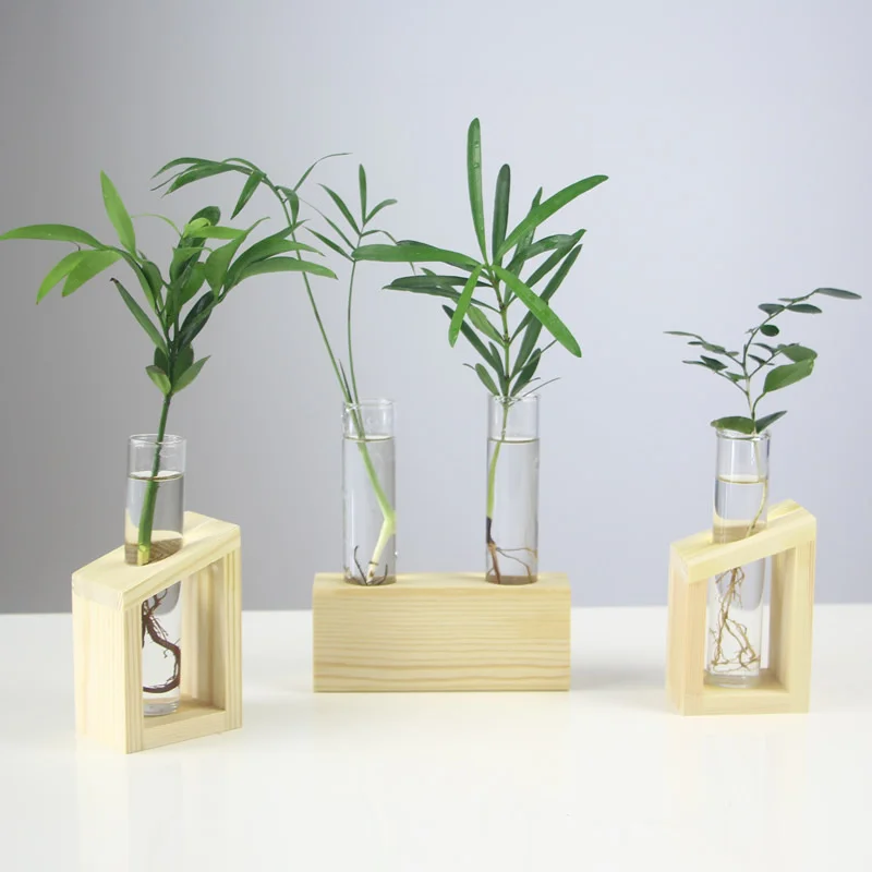 

Home Vase Crystal Glass Test Tube Vase In Wooden Stand Flower Pots for Hydroponic Plants Home Garden Decoration