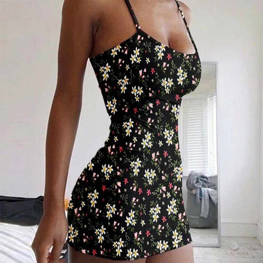 

New Streetwear Flower Print Cute Women Short Summer Dress Plus Size Beachwear Spaghetti Strap Sexy Bodycon Mini Dress Harajuku