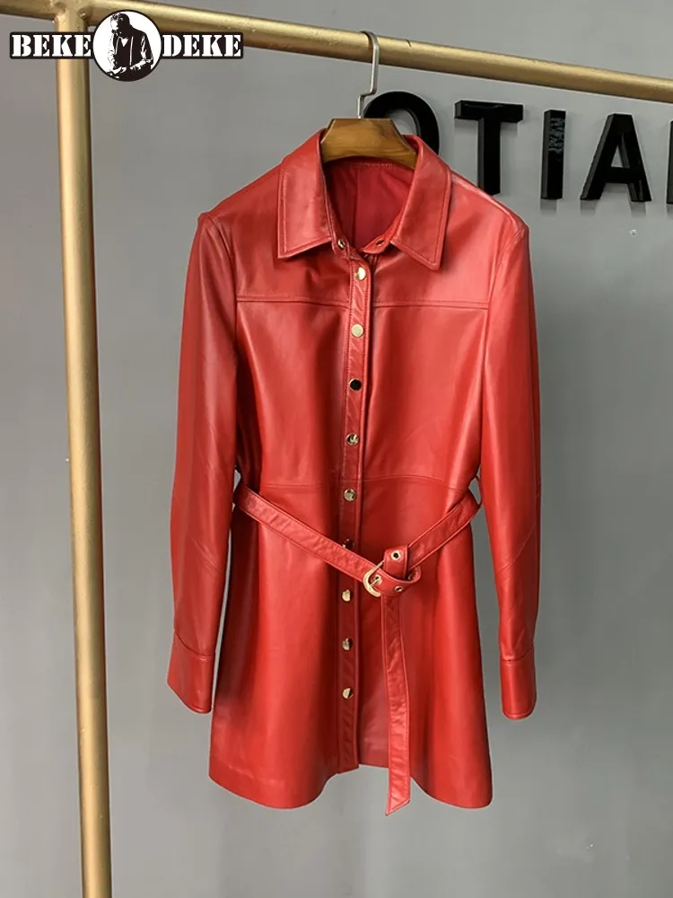 

Autumn New Women Genuine Leather Sheepskin Slim Dress Office Lady Single Breasted Medium Long Dress Streetwear Full Sleeve Dress