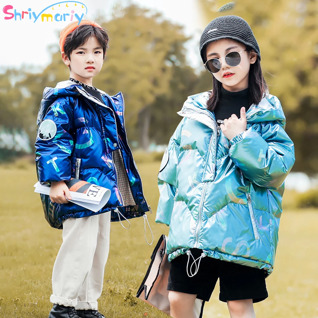 

Fashion Winter Letter Laser Down Jacket for Girls Thickening Warm Bright Coat for Teens Children Hoodie Outwear Boys Clothes