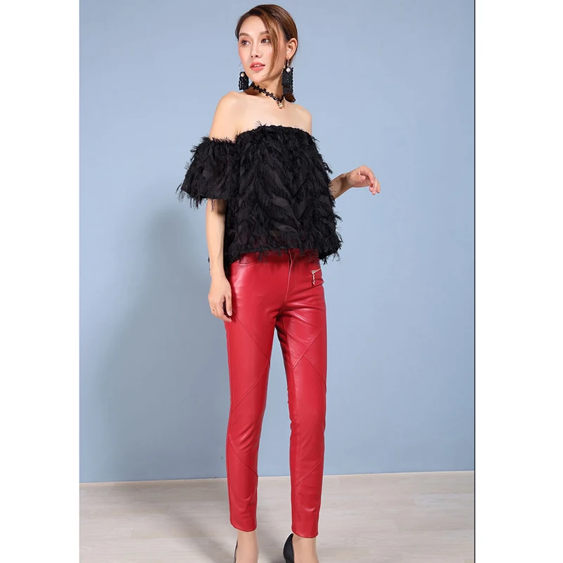 Женские узкие брюки из натуральной кожи однотонные повседневные со средней