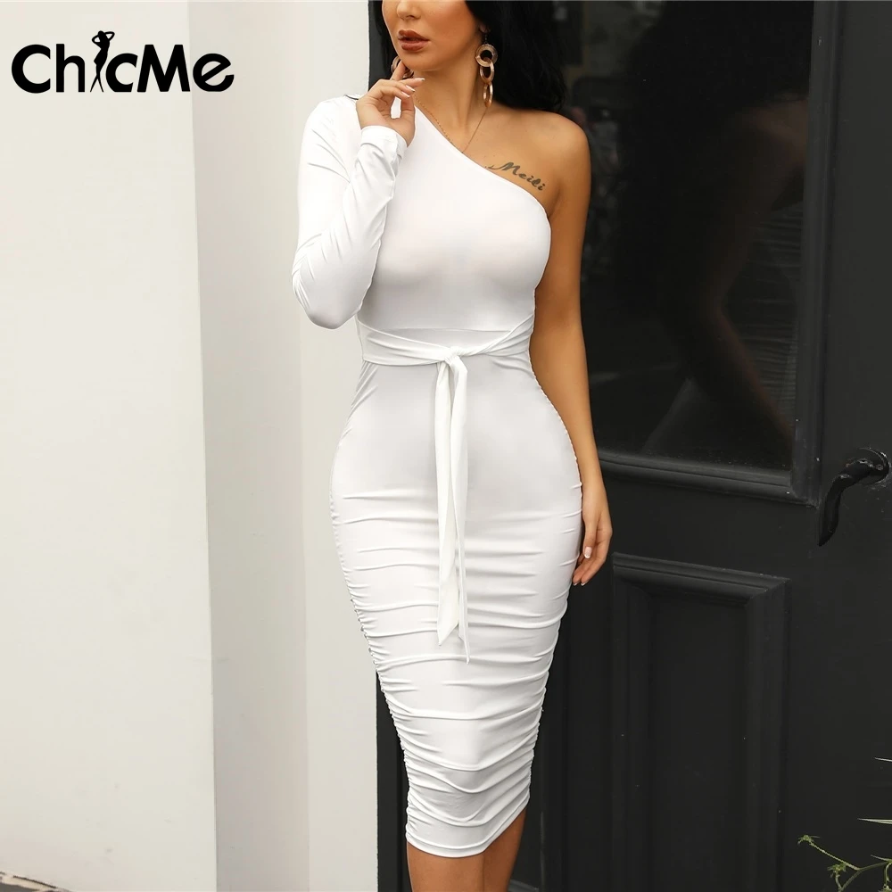 

Chicme Fall 2021 Women Midi One Shoulder Ruched Design Bodycon Dress Femme White Belted Long Sleeve Vestidos Sexy Elegant