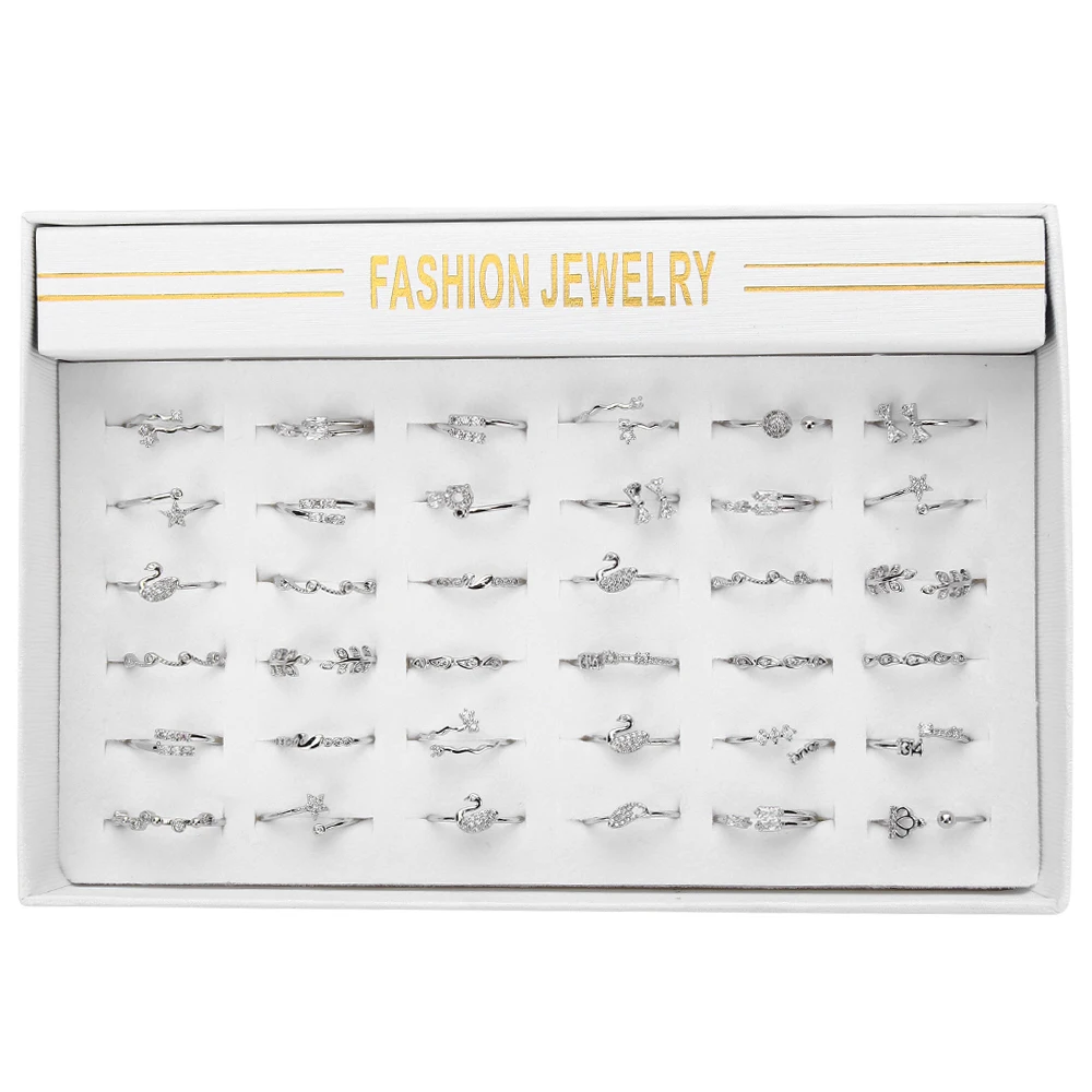

36Pcs/Set Shine Crystal Rhinestone Ring Set Fashion Charm Finger Rings For Women Girl Party Wedding Jewelry Adjustable Open Ring