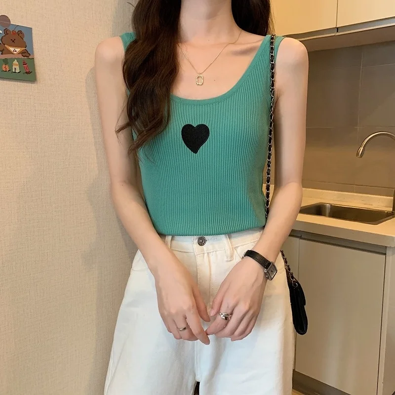 

Ice Silk Love Embroidery Beauty Back Vest Hot Inner Match Sleeveless Base Knitting T-shirt Outerwear Top Female Summer Rac
