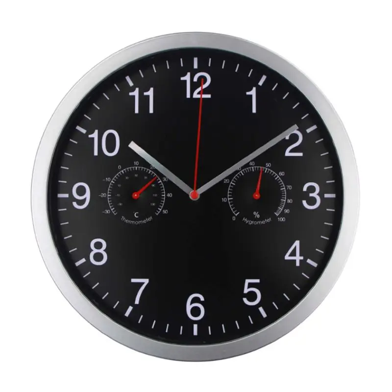 

Metal Silent Quartz Wall Clock Quiet Sweep Movement Thermometer Hygrometer