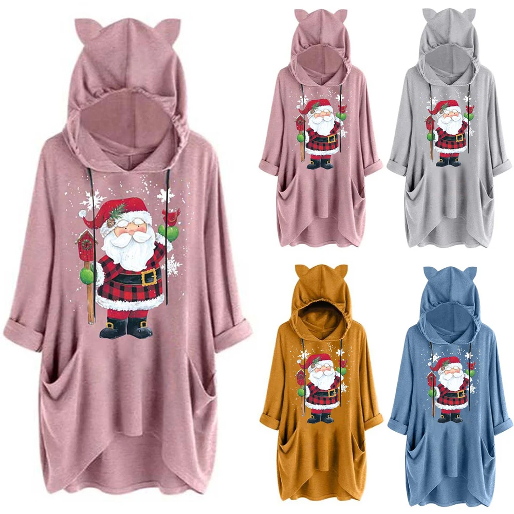 

Women Sweatshirt Christmas Thin Hoodies Santa Claus Printed Hooded Sweatshirt Casual Drawstring Hoodie Pullover Xmas Tops