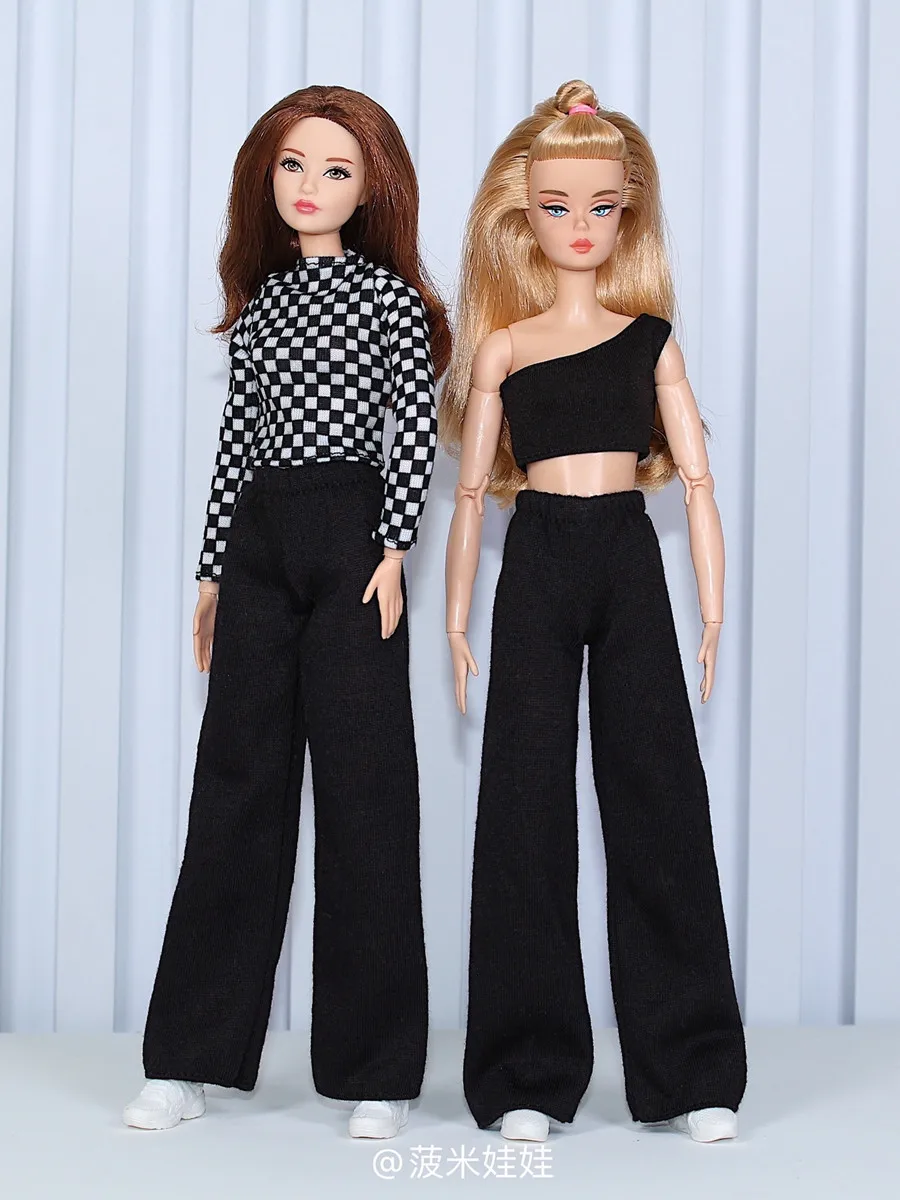 

2 top & 1 pant / grid t-shirt top and long black pants clothing outfit For 1/6 BJD Xinyi FR ST Barbie Doll / 30cm doll clothes