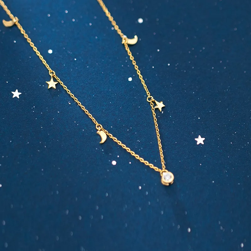 

Реальный. 925 пробы Серебряное кольцо ювелирные украшения однотонный с изображением Луны, звезд и бриллиантовые CZ Цепочки и ожерелья станция...