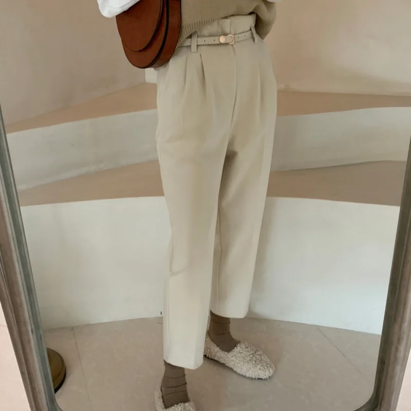 

2020 autumn and winter solid color pants women's nine-point thin high-waist woolen straight-leg pants casual pants