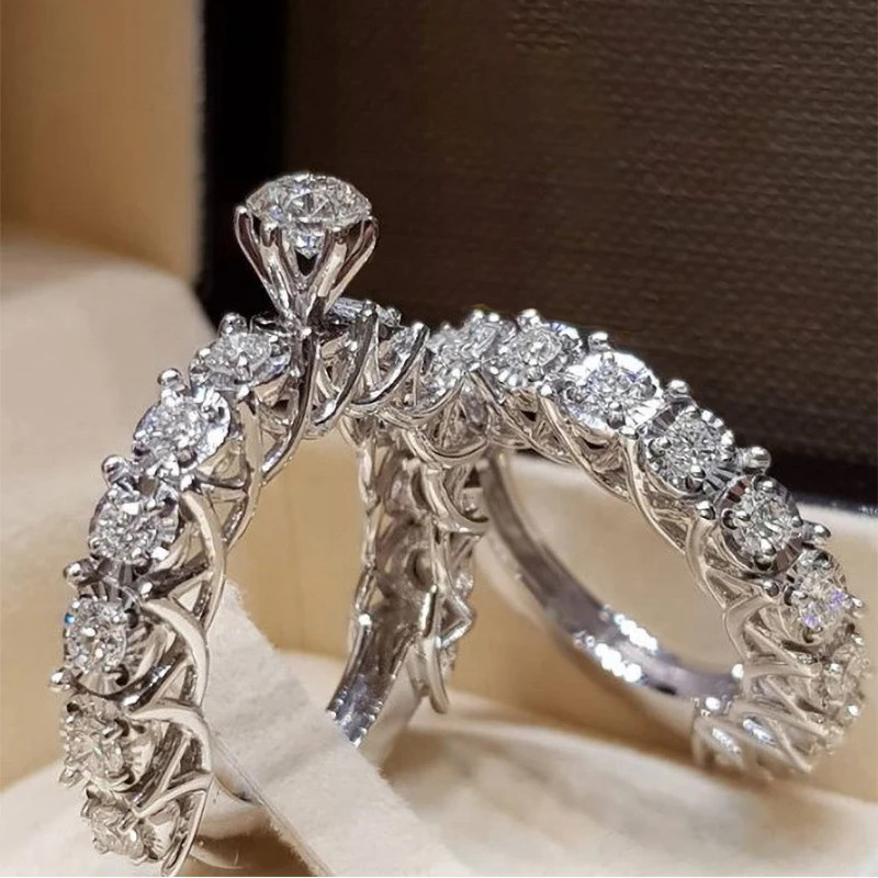 

2 Pcs/Set Designer Luxury Round White Zircon Wedding Rings For Women Trendy Silver Color Female Jewelry Party Valentine Gifts