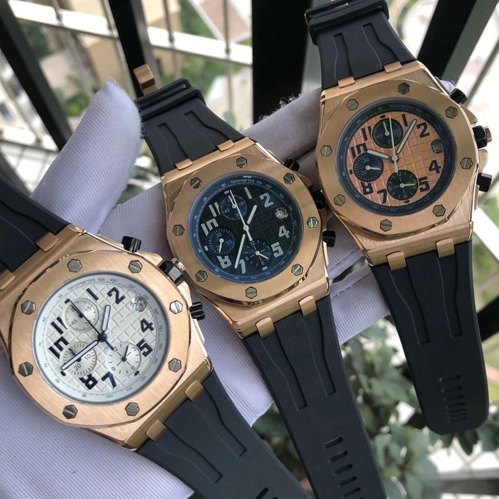 

Luxury Brand New Men Quartz Chronograp Stopwatch Sapphire Oaks Rose Gold Rubber Black 904L Stainless Steel Titanium Watch Royal