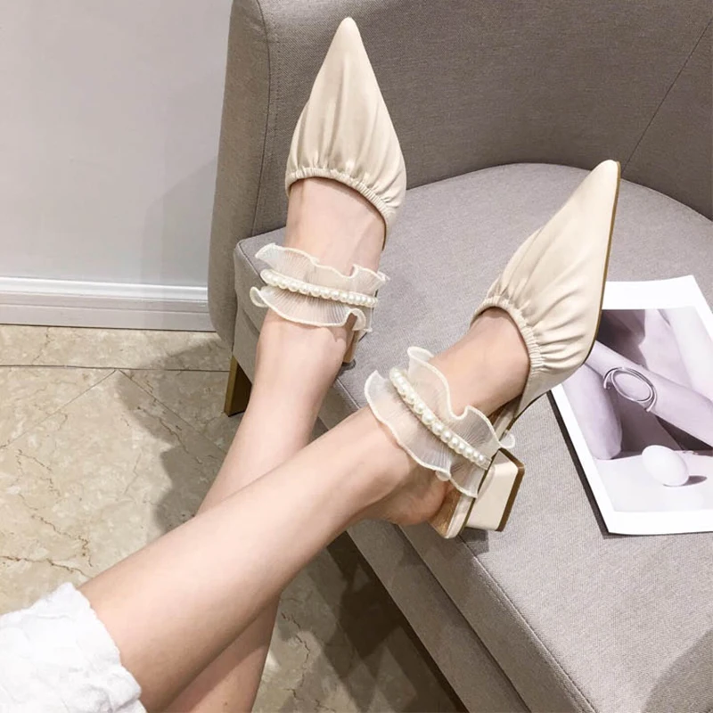 

Pointed Toe Women Slippers Pearl Design Slip On Thick Mid Heeled Elegant Sandals Slides Mules Pumps Casual Slides Size 35-39