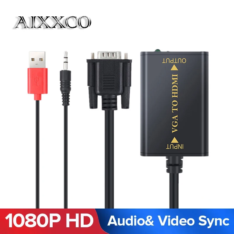 AIXXCO kalite taşınabilir tak ve çalıştır VGA hdmi çıkışı 1080P HD ses TV AV HDTV PC Video kablosu VGA2HDMI dönüştürücü