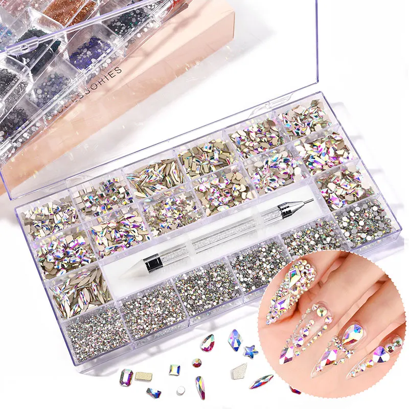 

21 Grids Nail Art Rhinestone Set 3D Glitter Diamond Flat Bottom With Nail Drill DIY Decoration Accessorie Nail Art Manicure Tool