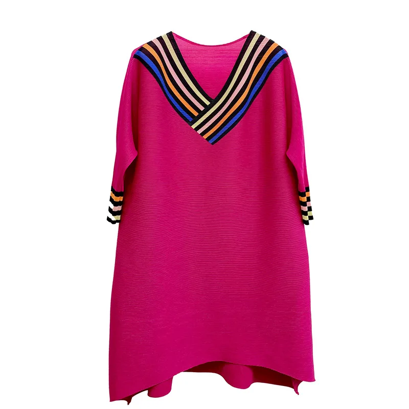 

TVVOVVIN 2021 Summer New V-neck Medium Length Striped Pleated Dress Fashion Loose Large Size A-line Dress 80SO