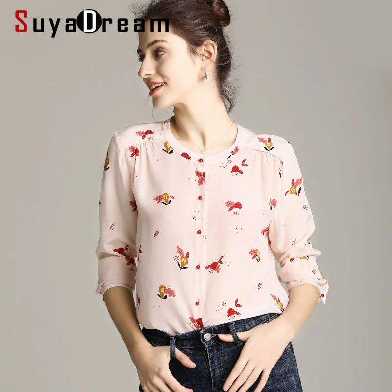 Блузка SuyaDream женская с круглым вырезом 19 мм 100% шелк креп длинным рукавом офисная