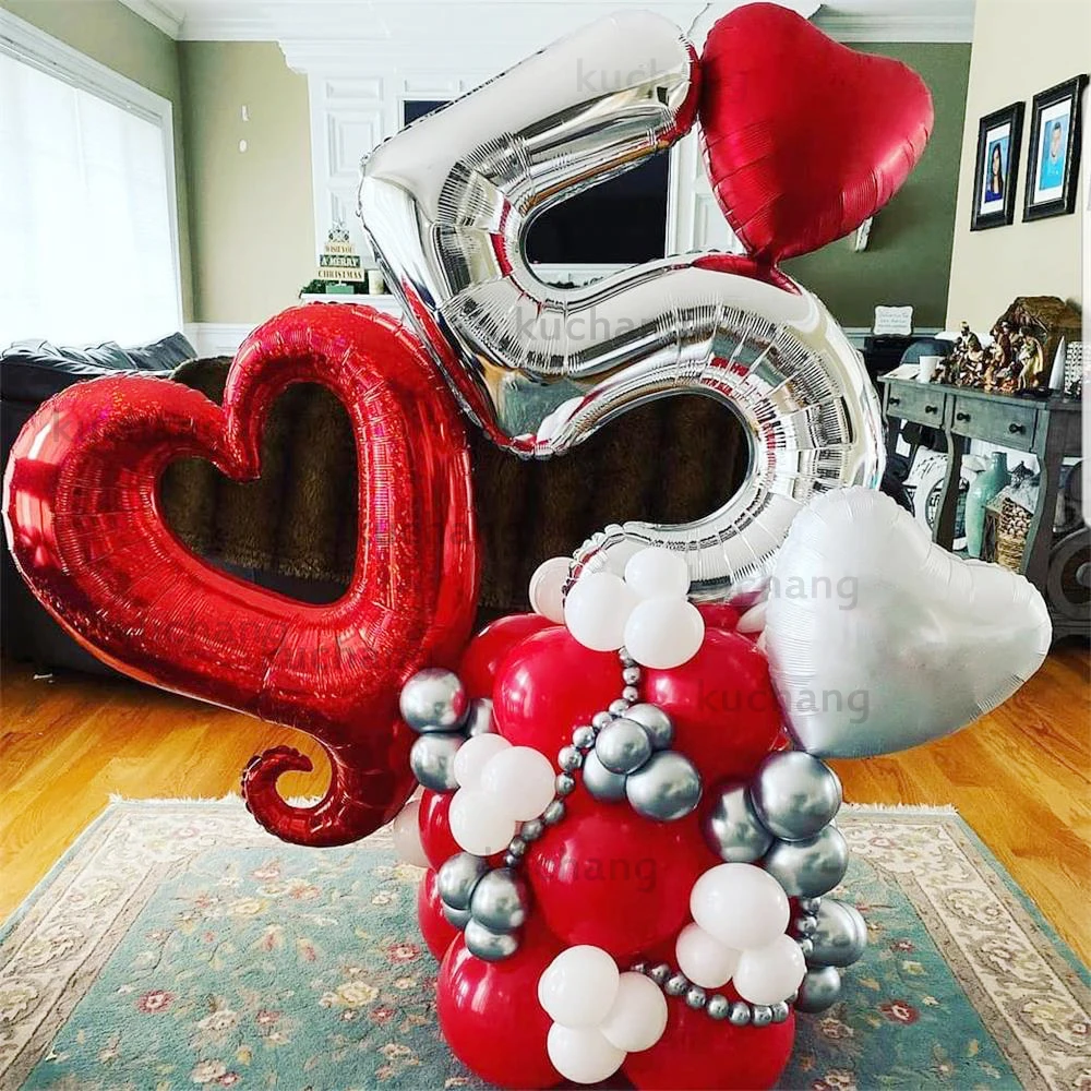 

39pcs/set Love Heart Foil Balloon 30inch Hook Heart Red Ballon Silver Number Valentines Wedding Decoration Party Supplies Globos
