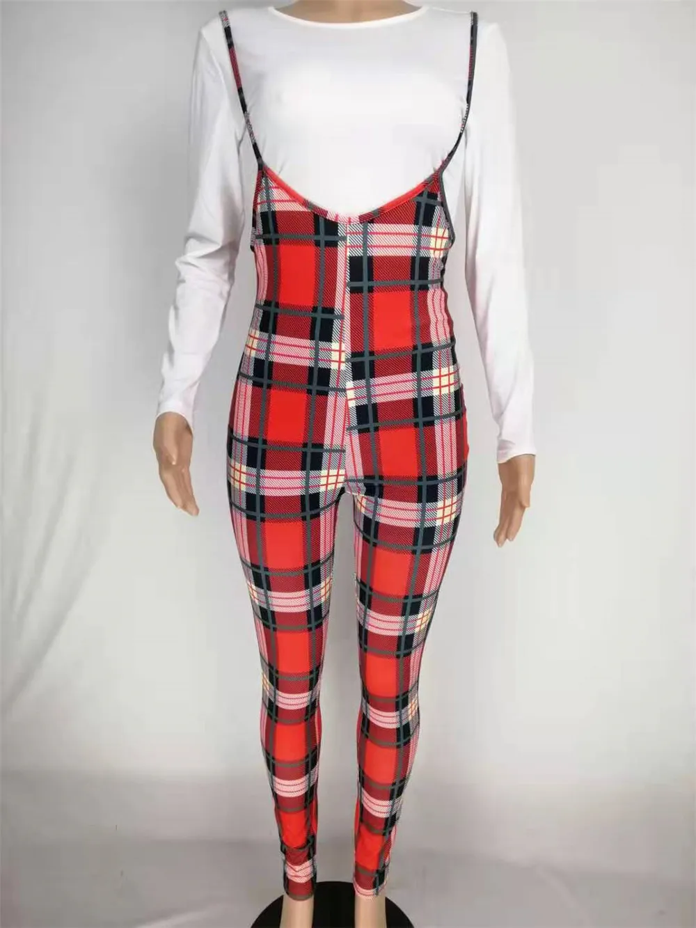 

Plus Size Plaid Printed Women Jumpsuits And 2 Piece Pant Sets Tight Waist Pants Sets Casual Long Sleeve Tshirts Female Suits