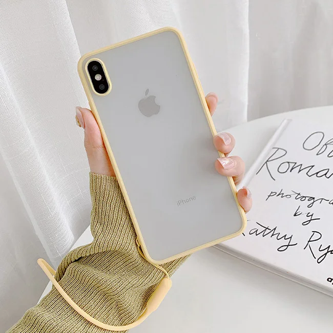 Цвет: желтый Отсутствие Карамельный цвет матовый пара чехол для iphone X XS Max XR Чехлы для iphone 7 8 6 6S P lus крышка с ремешок для запястья - Цвет: Цвет: желтый