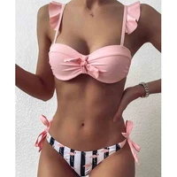 striped lace ruffle push up women bandeau swimsuit female swimwear bra cup bikini set high cut bathing suit f72