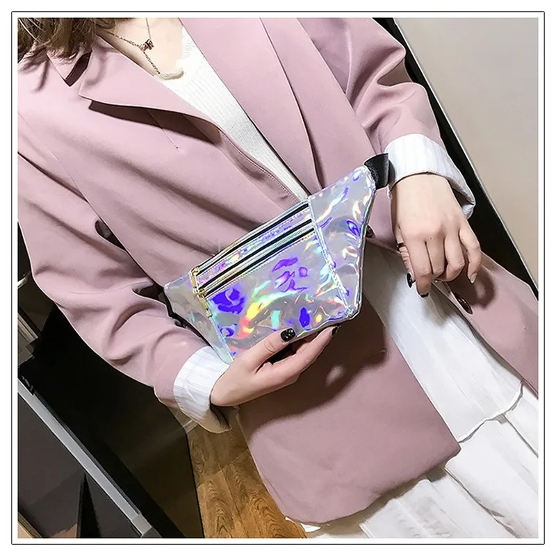 

Holographic Waist Bags Women Pink Silver Fanny Pack Female Belt Bag Black Geometric Waist Packs Laser Chest Phone Pouch