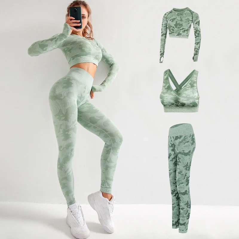 

Women's Autumn Winter Seamless Camouflage Fitness Three-piece Suit High Elasticity Slim Long-Sleeved Fitness Yoga Sports Set