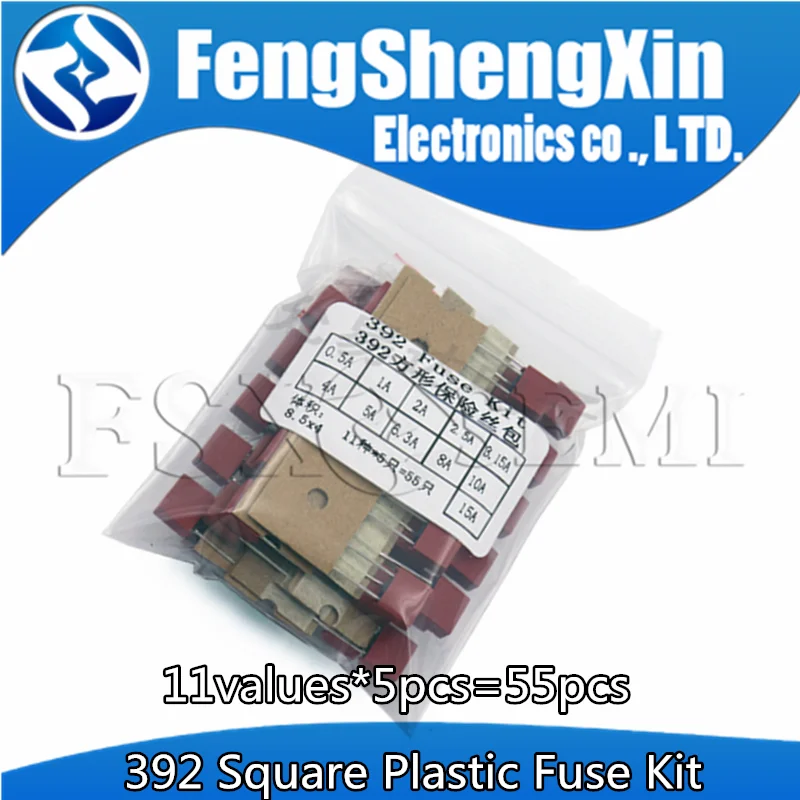 

11values=55pcs Square Plastic Fuse Assortment Kit 392 0.5A 1A 2A 2.5A 3.15A 4A 5A 6.3A 8A 10A 15A 250V Fuses Slow Blow Tube set