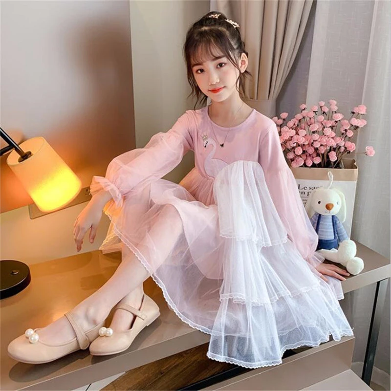 

3-12 Years of Girls Dress Spring 2021 Baby Kids Cartoon Swan Mesh Lace Dresses for Girl Princess Children's Clothing