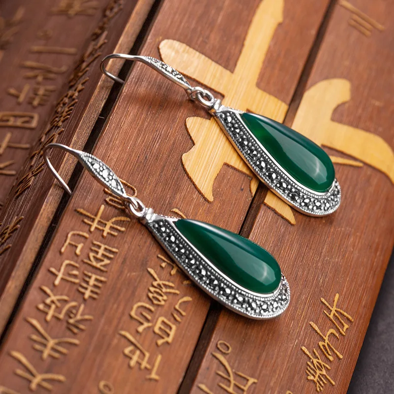 

FNJ Waterdrop Agate Earrings 925 Silver Original Pure S925 Sterling Silver Drop Earring for Women Jewelry Green Stone MARCASITE