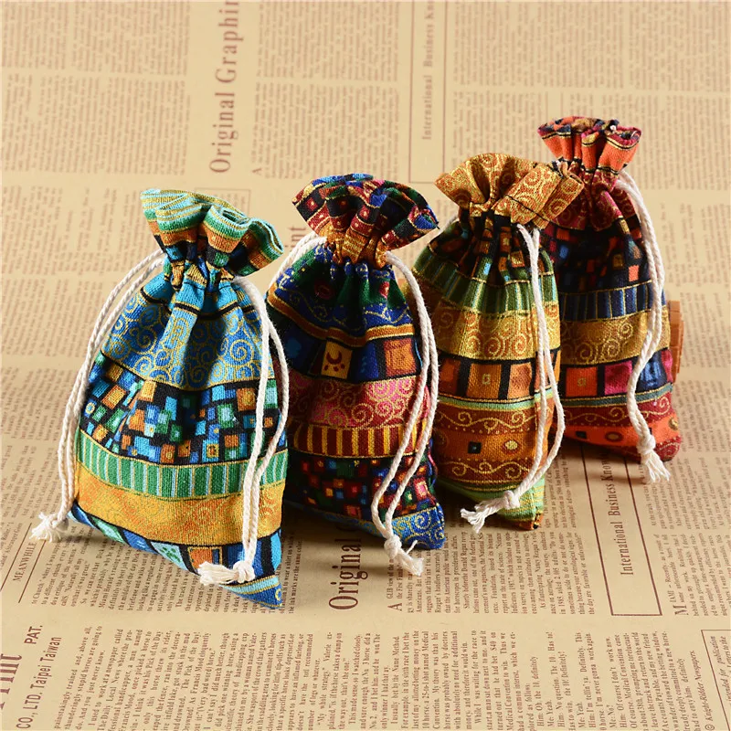 

30pcs/lot 10x14cm Chinese Ethnic Style Cotton Linen Pouches Tribal Tribe Drawstring Jewelry Bags Gift Packaging Storage Bag