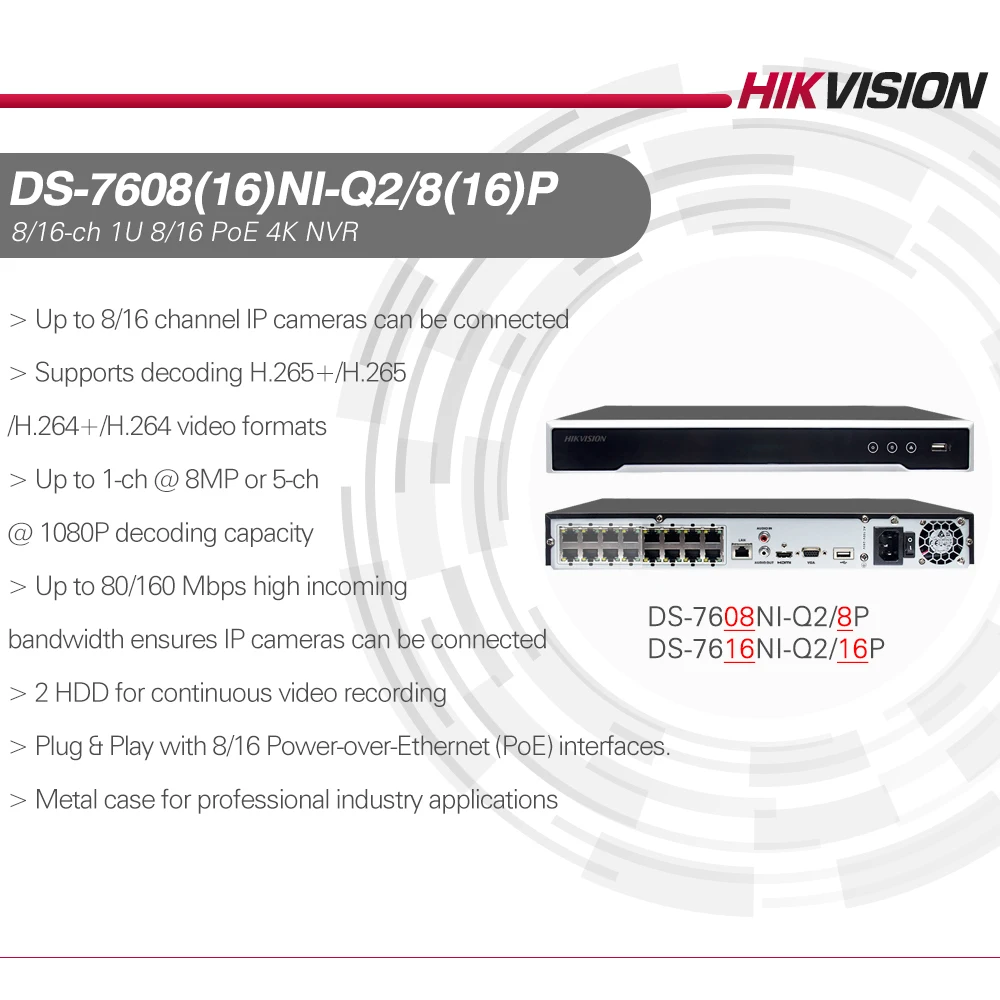 Hikvision PoE NVR 8/16CH 8MP 4K DS-7608NI-Q2/8P DS-7616NI-Q2/16P 2 SATA для IP Камера сетевая камера безопасности