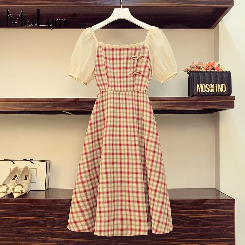 

4XL Plus Size Women Vintage Plaid Dress Summer 2021 Square Collar Patchwork Puff Short Sleeve Ladies Cheongsam A-line Long Dress