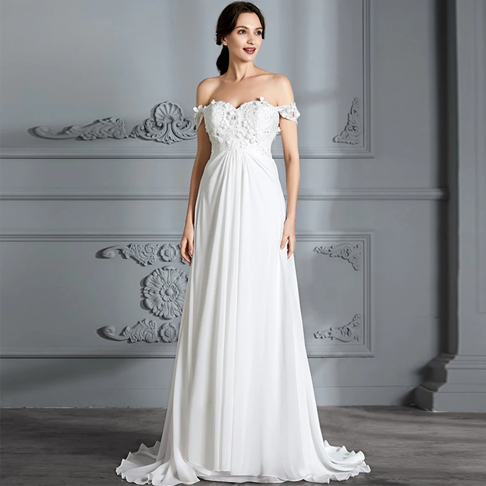 

Vintage Strapless White Chiffon Bridal Dress Off Shoulder Sweetheart Neck Floor Length Wedding Gowns For Bride Bohemian A Line