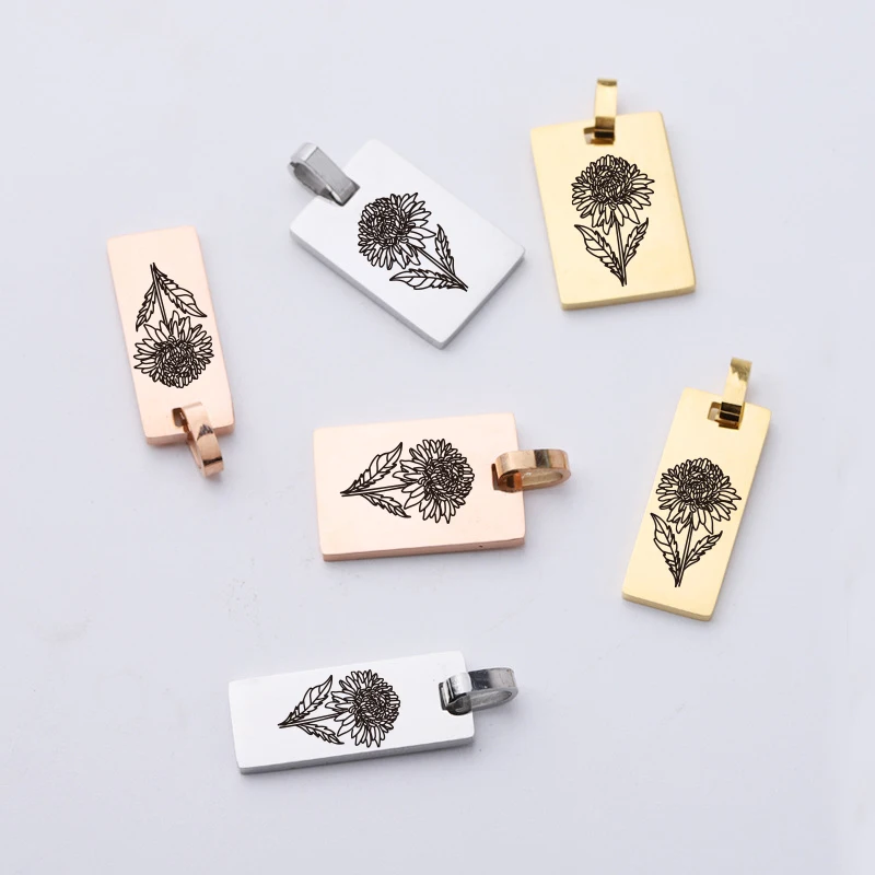 

Fnixtar 20 шт./лот прямоугольные Подвески с лазерным подсолнухом зеркальные Полированные Подвески из нержавеющей стали для изготовления своими...