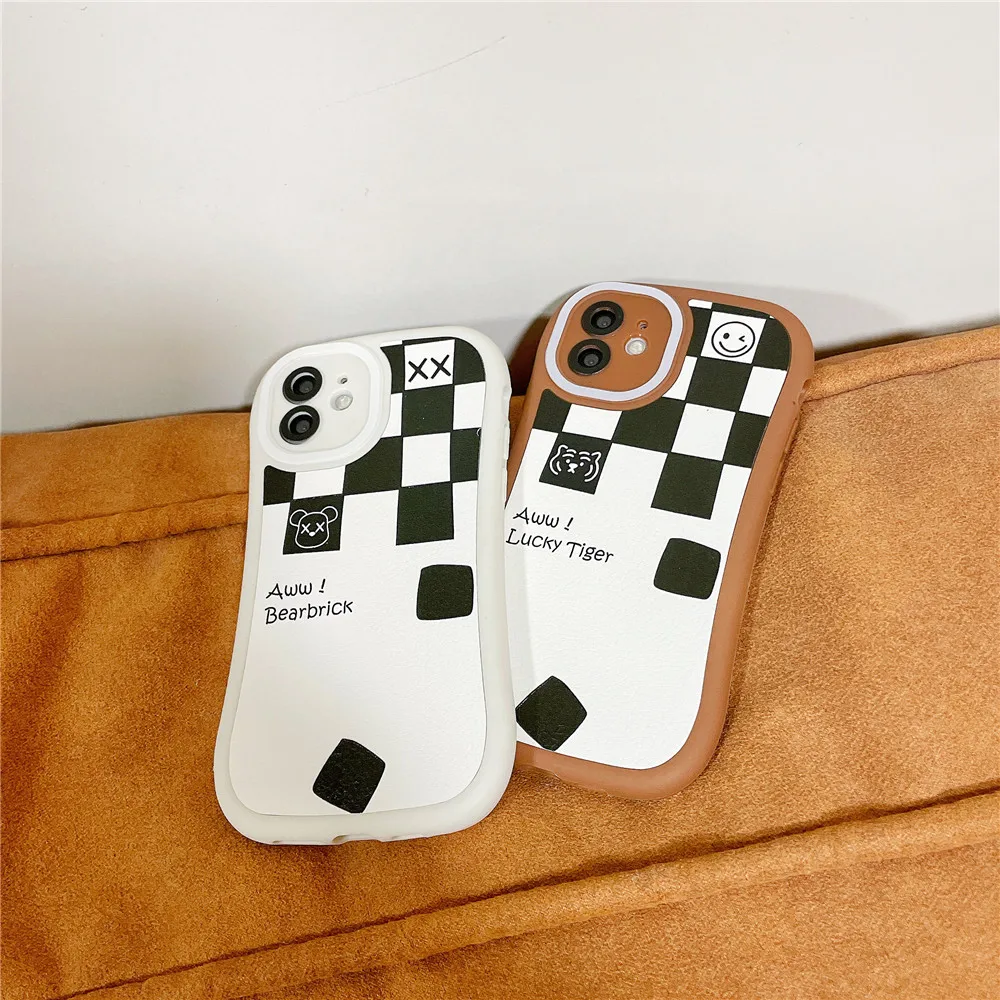 

Black And White Lattice Smile Face Phone Case For iPhone 13 12 11 PRO MAX XS X XR 7 8 PLUS Silicone Soft Frame Protective Cover