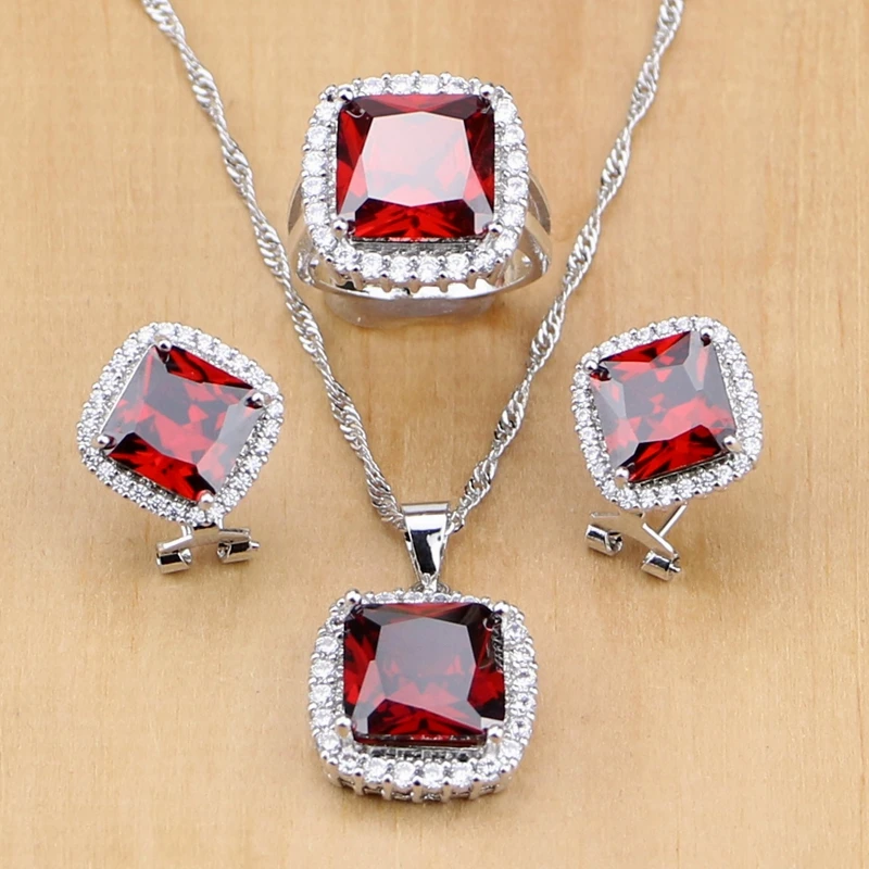 

925 Sterling Silver Jewelry Red Zircon White CZ Jewelry Sets Wedding Decorations For Women Earrings/Pendant/Necklace/Ring