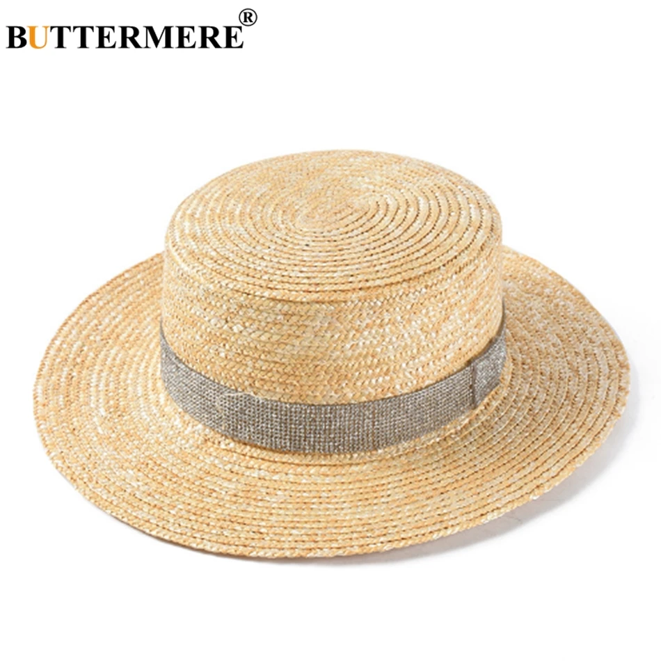 

BUTTERMERE Summer Hats for Women Rhinestone Boater Hat Straw Sun Hat Ladies Beige Brim Female Fashion Beach UV Hats Beach Hats