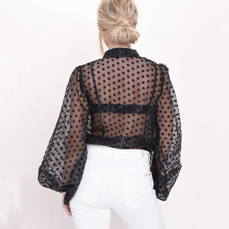 Блузка в горошек с пышными длинными рукавами для женщин блузка рубашка