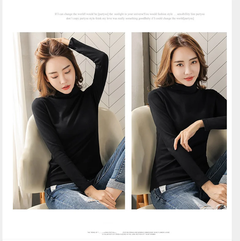 

New Women Autumn Winter T-Shirts Solid Turtleneck Bottoming Long Sleeve Casual Korean Style Slim Tops Tees